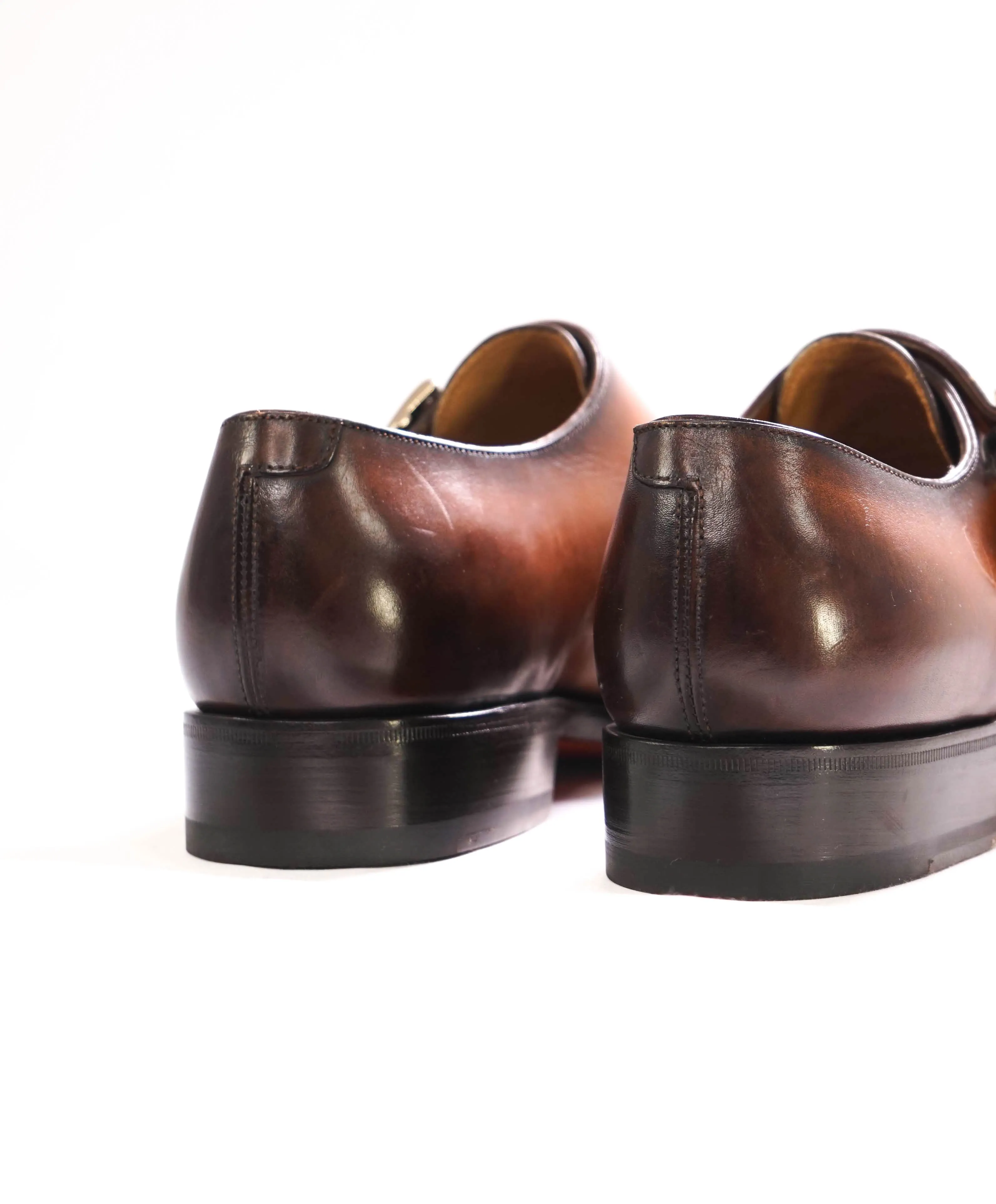 $1,595 SANTONI - "GOODYEAR WELT” Brown Patina Monk Strap Loafers - 6 US (5 IT)