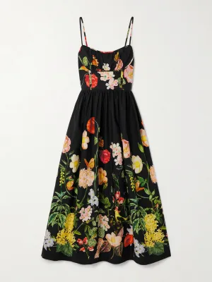Alba floral-print gathered smocked cotton-poplin midi dress