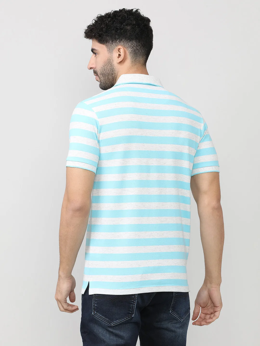 Aqua Pique Stripes Polo T-shirt With Tipping Collar