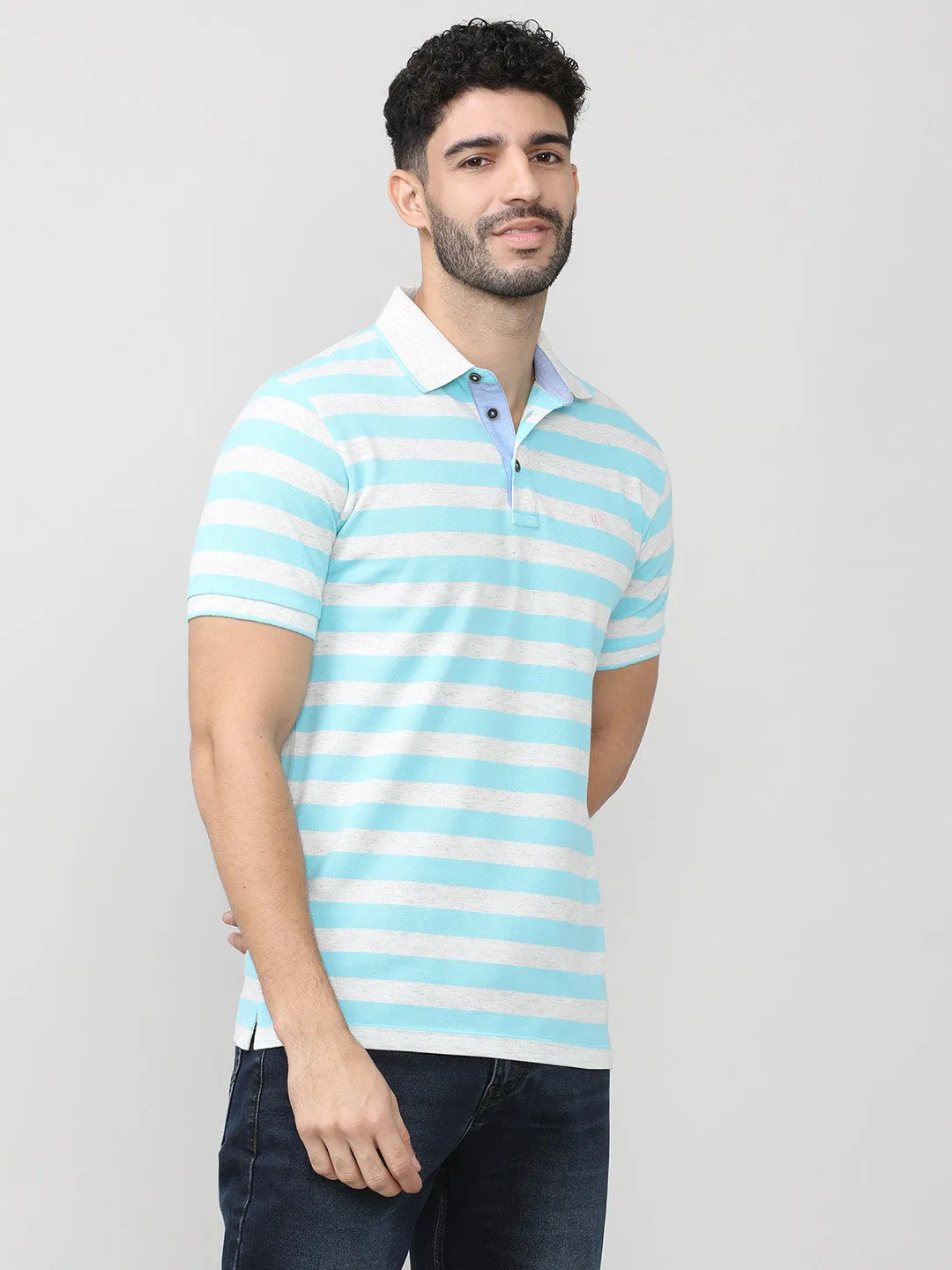 Aqua Pique Stripes Polo T-shirt With Tipping Collar