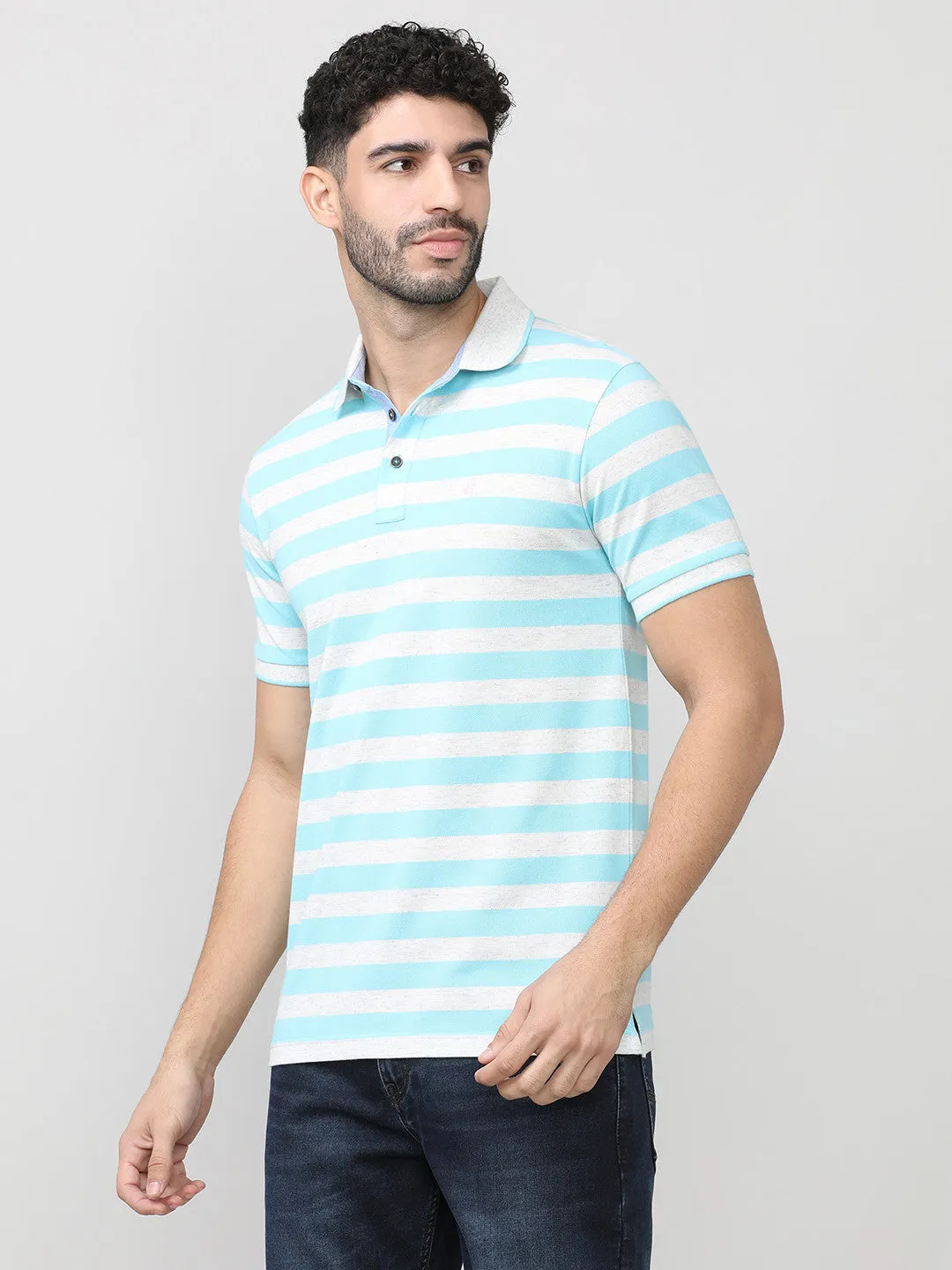 Aqua Pique Stripes Polo T-shirt With Tipping Collar