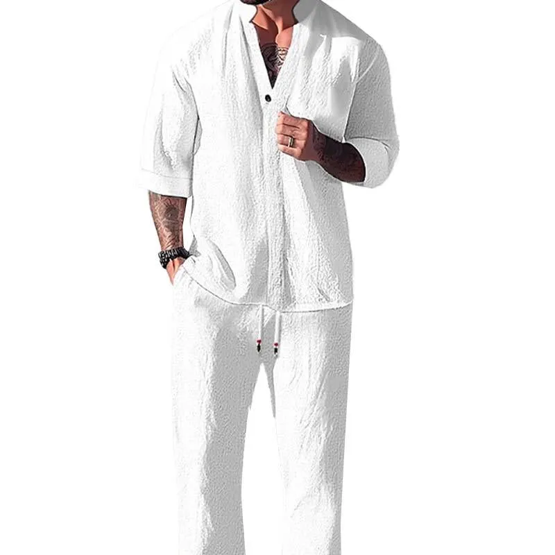 BACKWOODS | Men's Loose Casual Solid Color Half Sleeve Shirt Trousers Set
