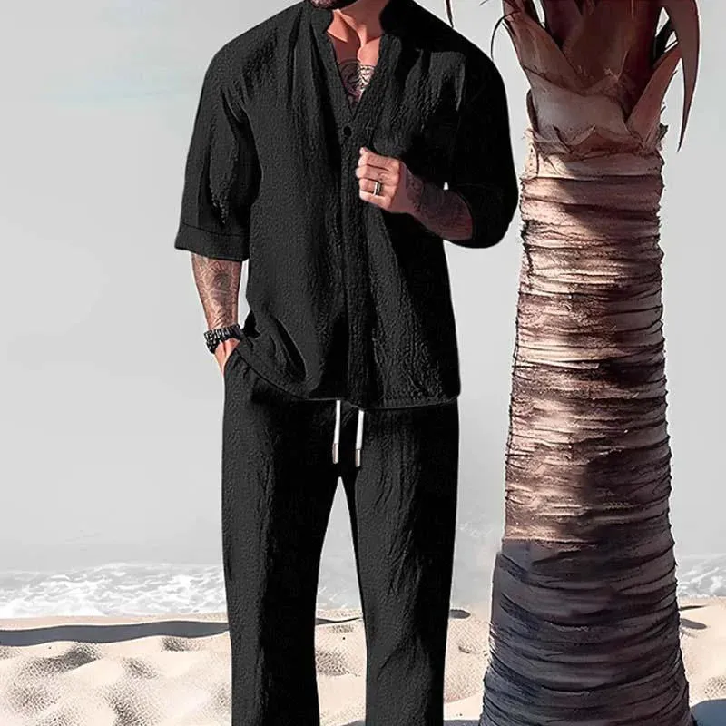BACKWOODS | Men's Loose Casual Solid Color Half Sleeve Shirt Trousers Set