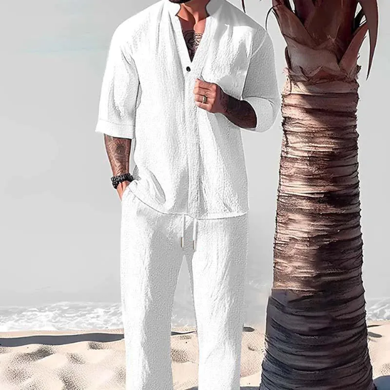 BACKWOODS | Men's Loose Casual Solid Color Half Sleeve Shirt Trousers Set