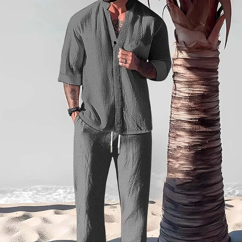 BACKWOODS | Men's Loose Casual Solid Color Half Sleeve Shirt Trousers Set