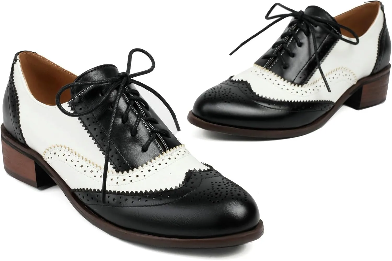 Betastella Womens Vintage Wingtip Lace Up Oxfords Chunky Low Heel Round Toe Pumps Brogue Oxford Shoes