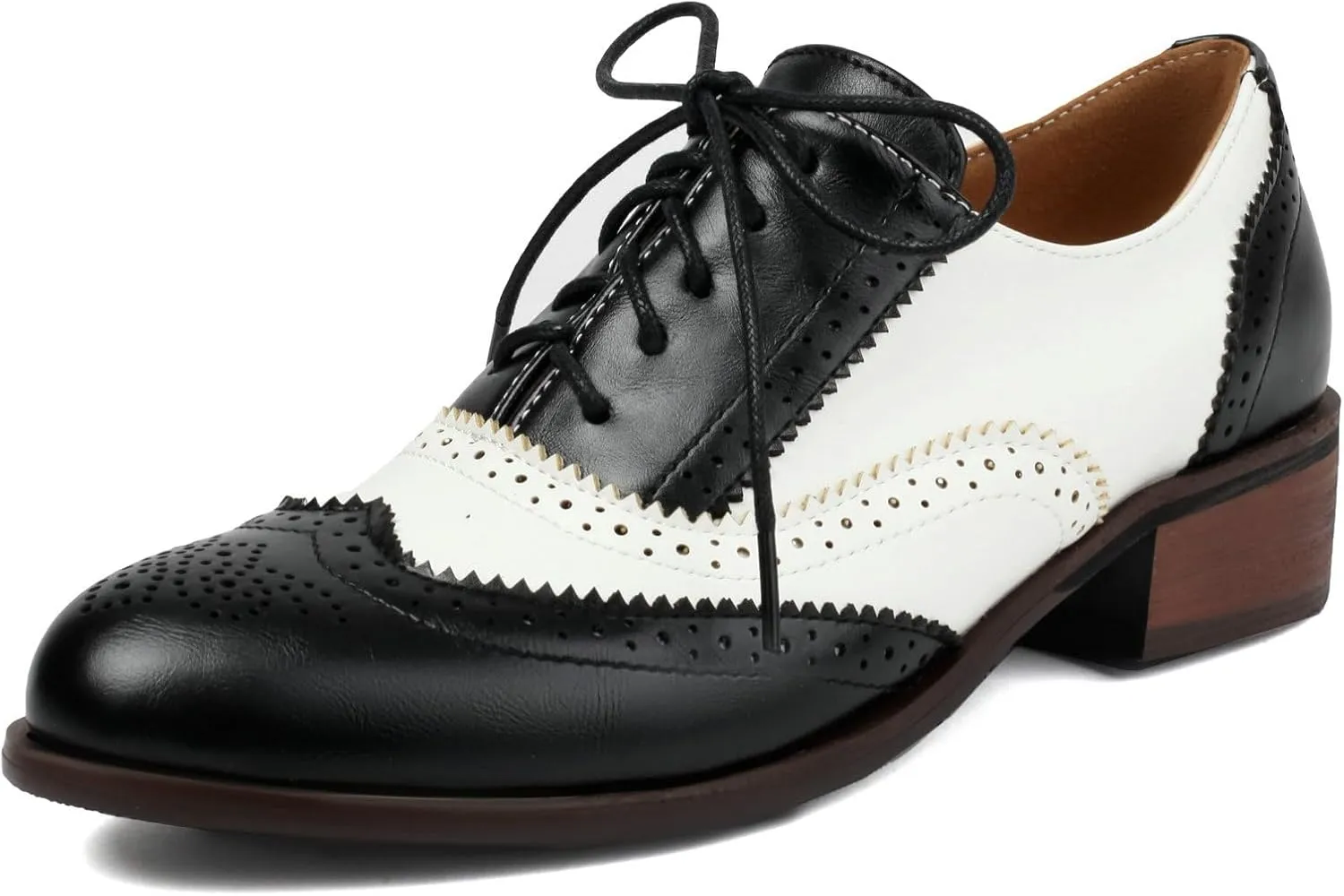 Betastella Womens Vintage Wingtip Lace Up Oxfords Chunky Low Heel Round Toe Pumps Brogue Oxford Shoes