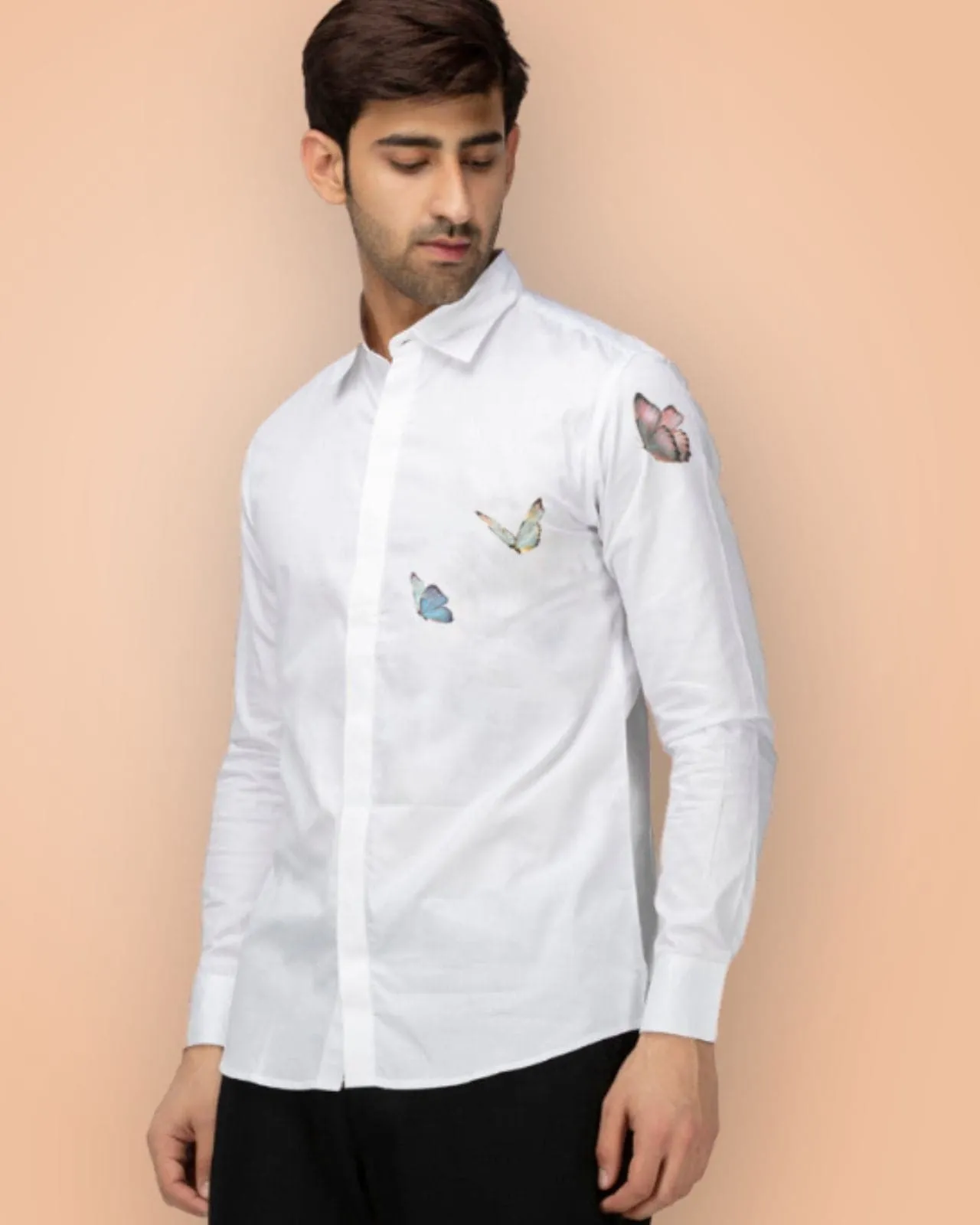 Butterflies Printed Hidden Placket White Shirt