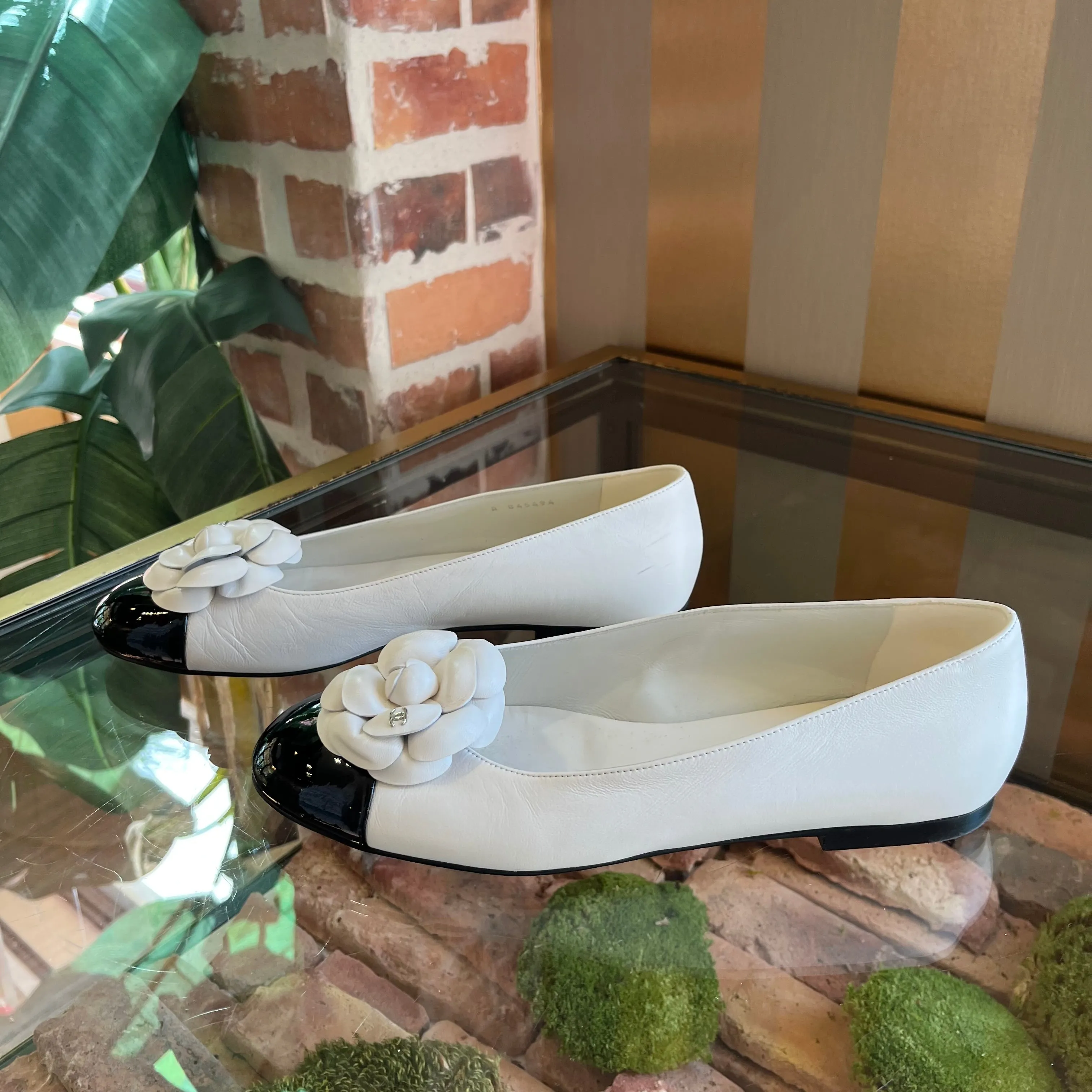 CHANEL White Camelia Cap Toe Ballet Flats SZ 40C