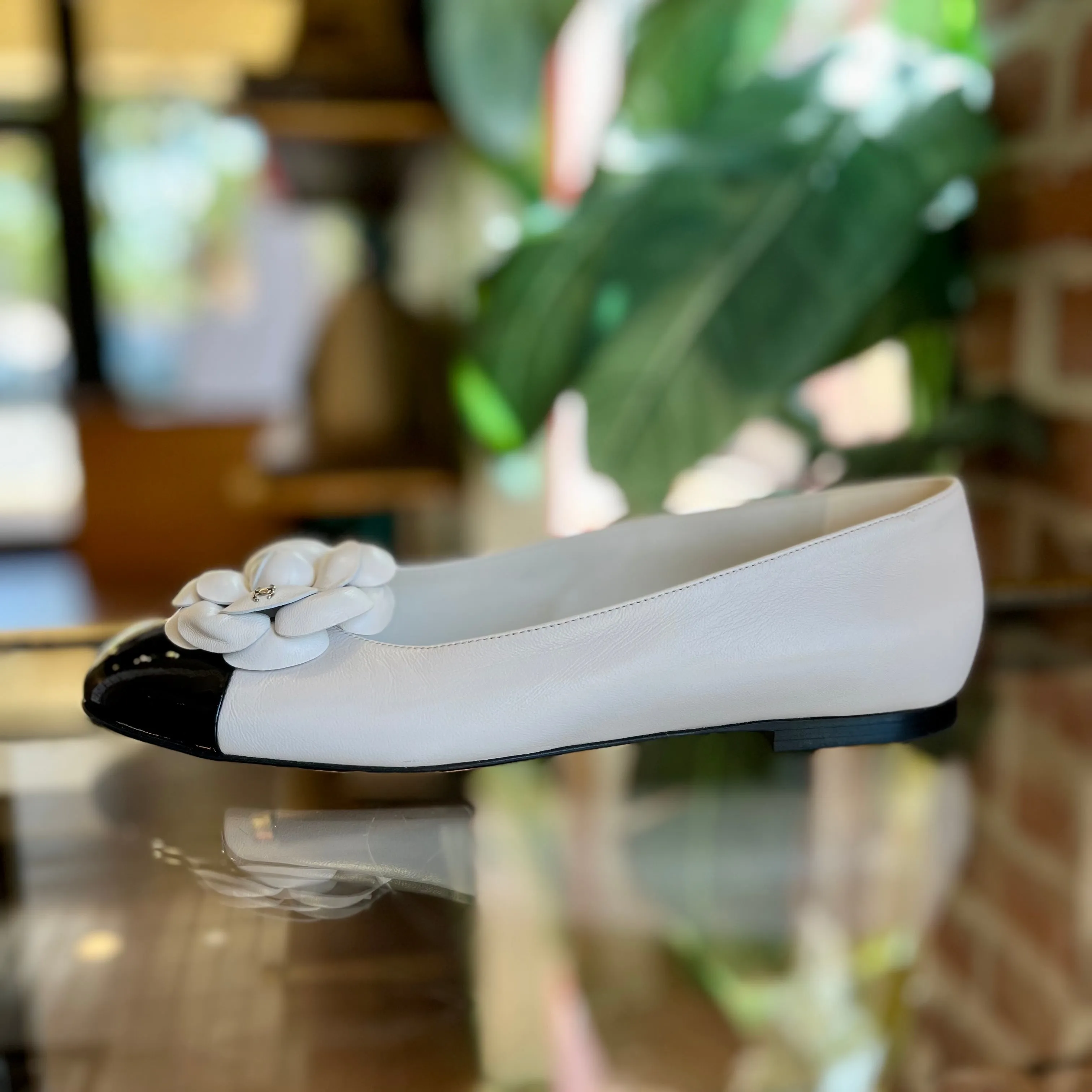 CHANEL White Camelia Cap Toe Ballet Flats SZ 40C