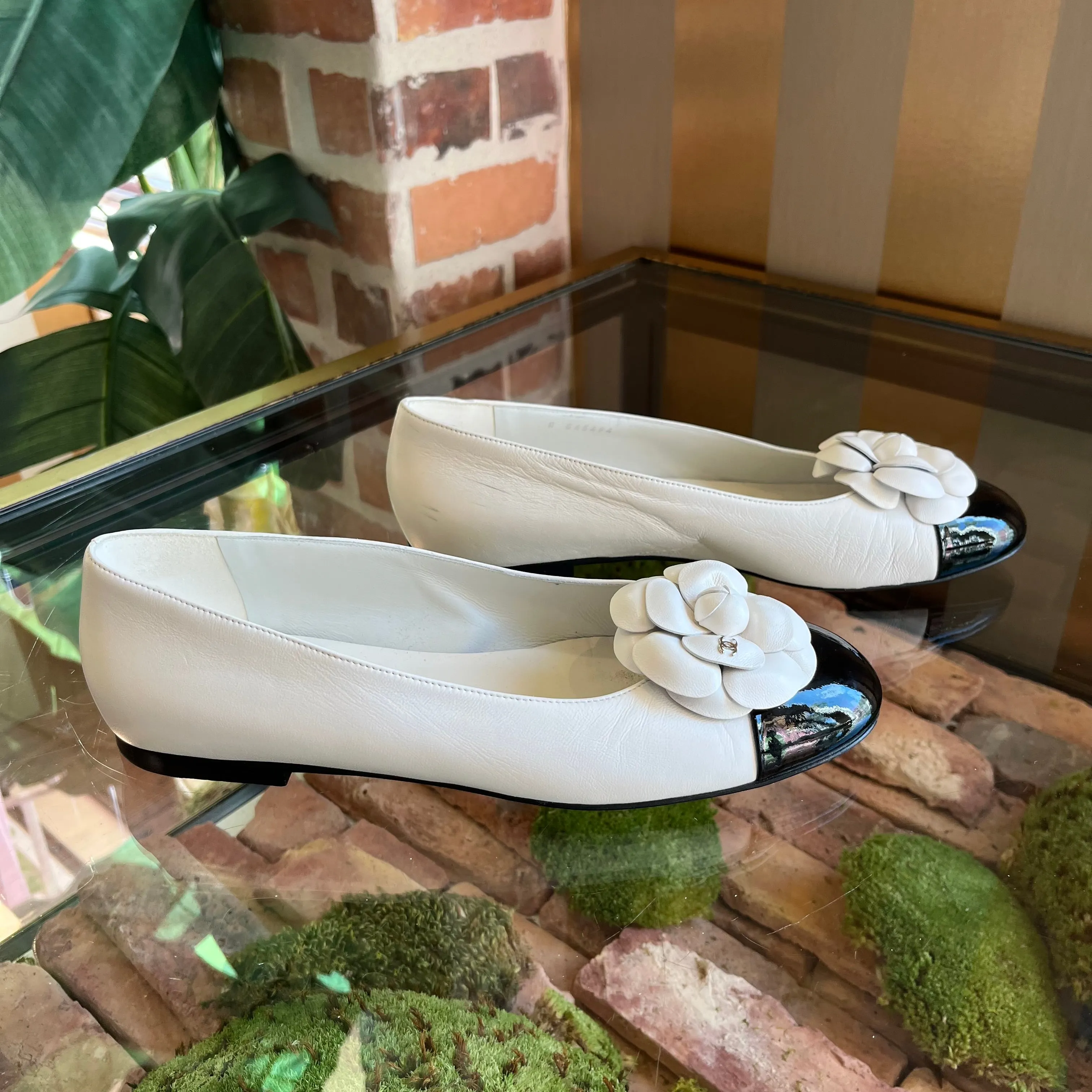 CHANEL White Camelia Cap Toe Ballet Flats SZ 40C