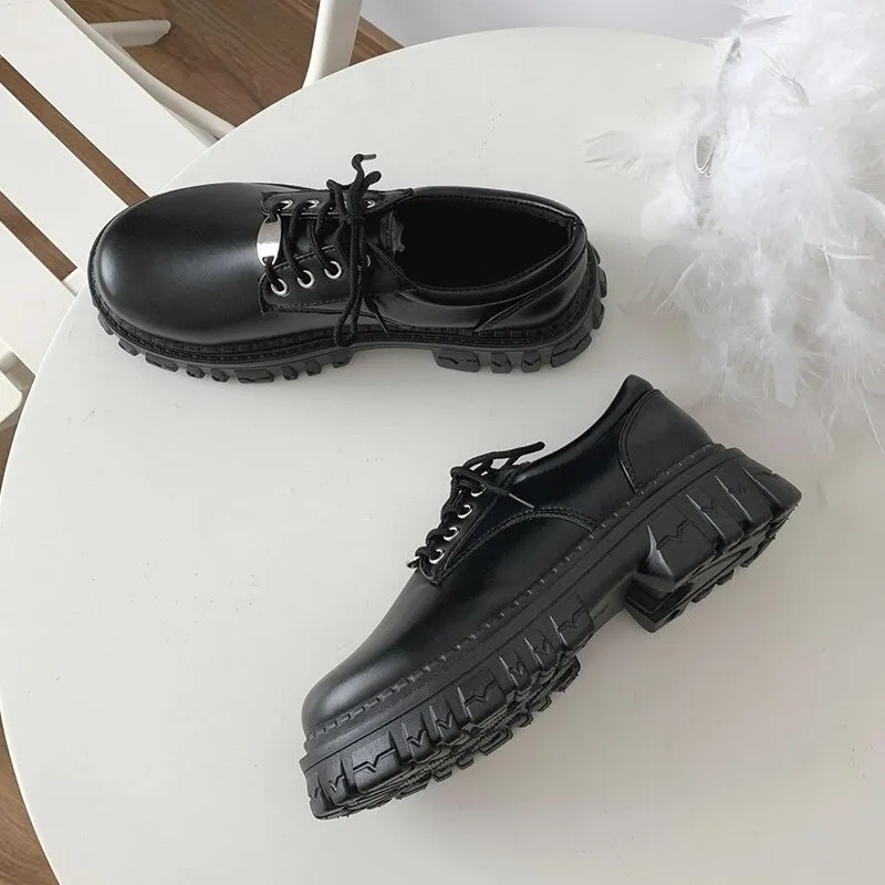 Classic Black Platform Oxford Boots / PU Leather Shoes with Square Heels and Round Toe