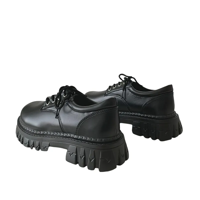 Classic Black Platform Oxford Boots / PU Leather Shoes with Square Heels and Round Toe