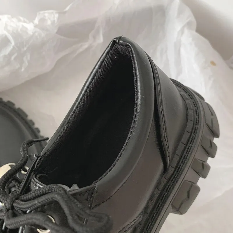 Classic Black Platform Oxford Boots / PU Leather Shoes with Square Heels and Round Toe