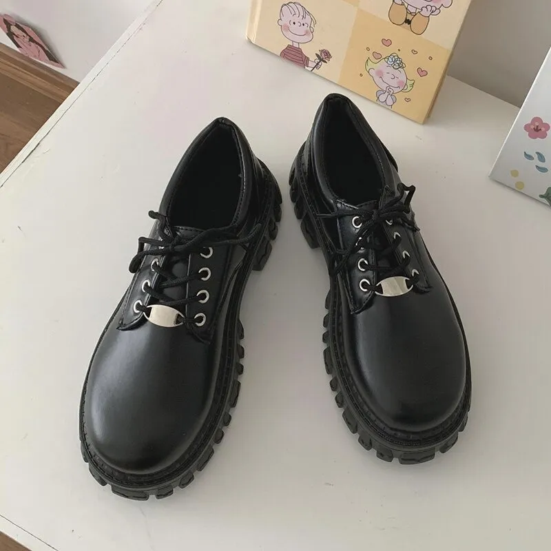 Classic Black Platform Oxford Boots / PU Leather Shoes with Square Heels and Round Toe