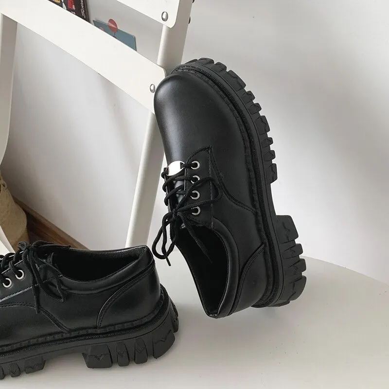 Classic Black Platform Oxford Boots / PU Leather Shoes with Square Heels and Round Toe