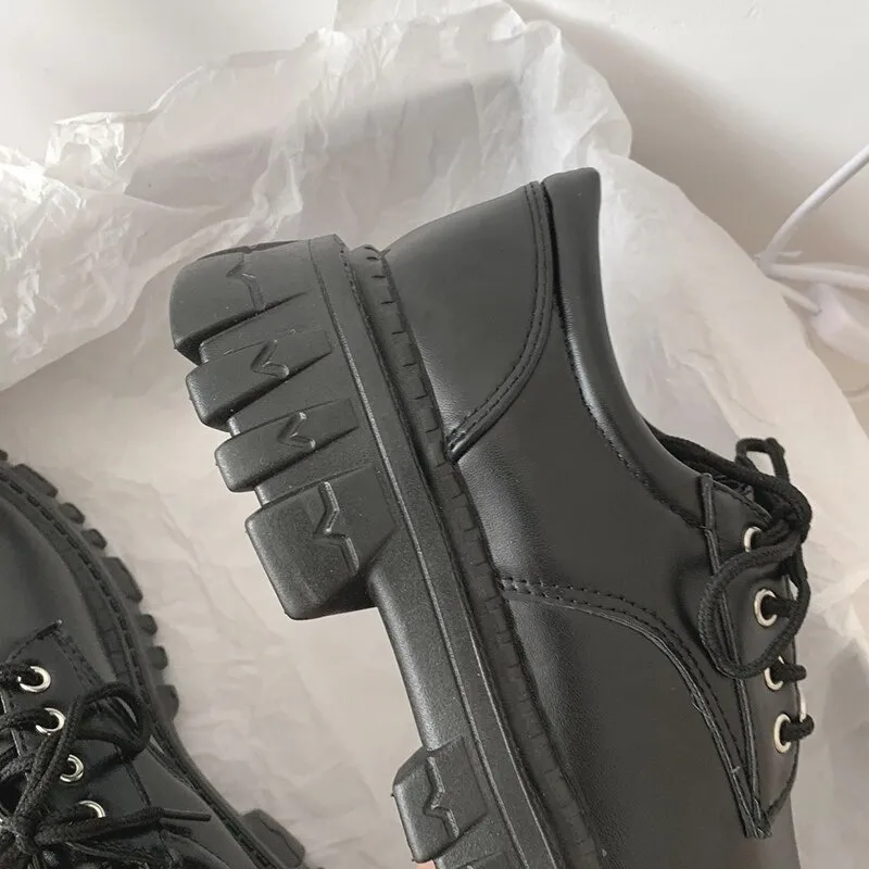Classic Black Platform Oxford Boots / PU Leather Shoes with Square Heels and Round Toe