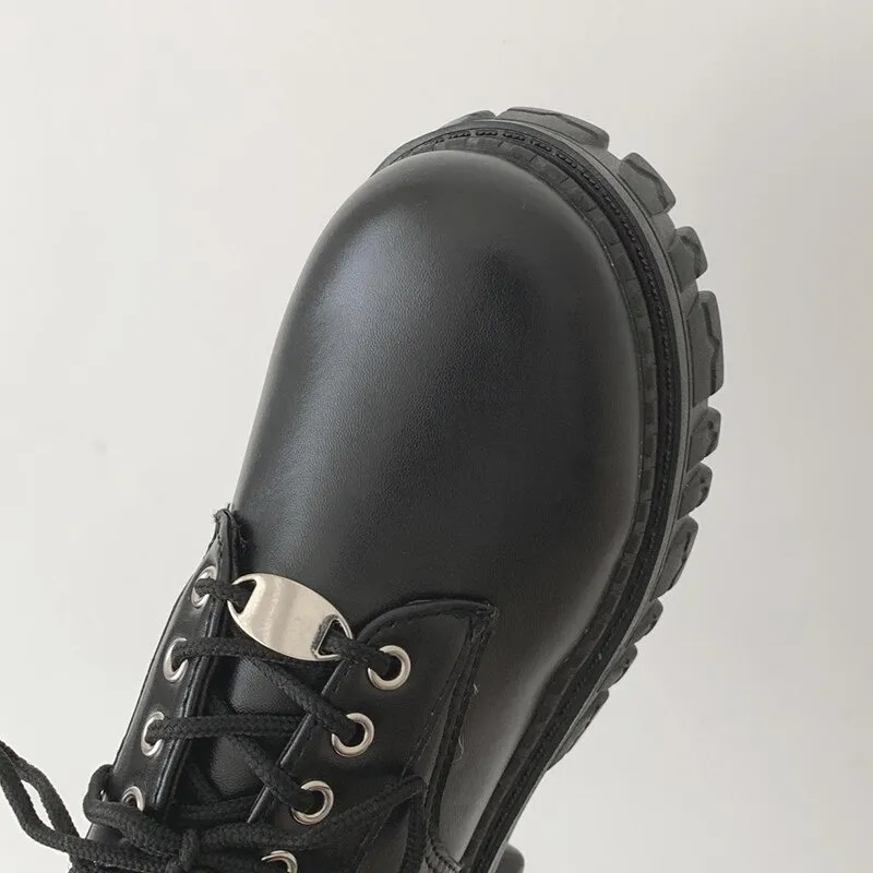 Classic Black Platform Oxford Boots / PU Leather Shoes with Square Heels and Round Toe
