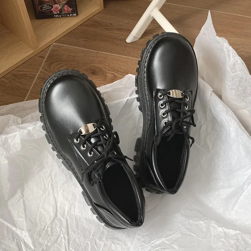Classic Black Platform Oxford Boots / PU Leather Shoes with Square Heels and Round Toe