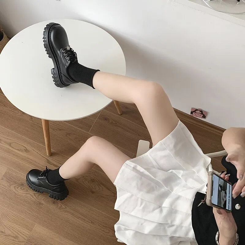 Classic Black Platform Oxford Boots / PU Leather Shoes with Square Heels and Round Toe