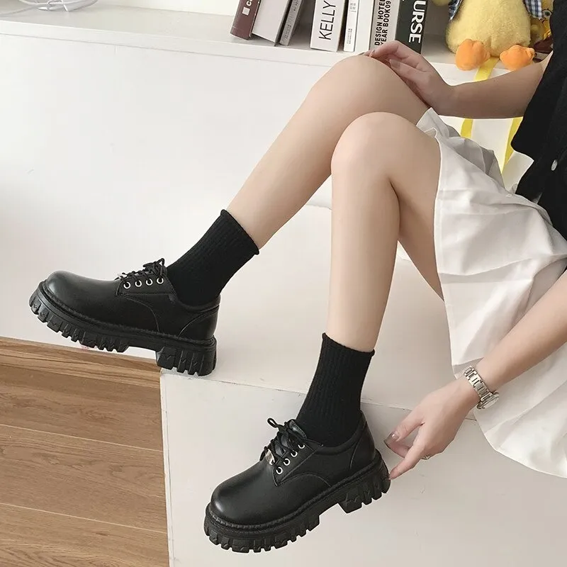 Classic Black Platform Oxford Boots / PU Leather Shoes with Square Heels and Round Toe