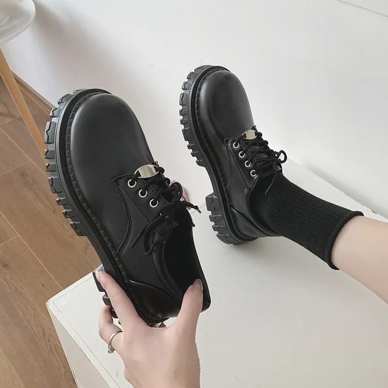 Classic Black Platform Oxford Boots / PU Leather Shoes with Square Heels and Round Toe