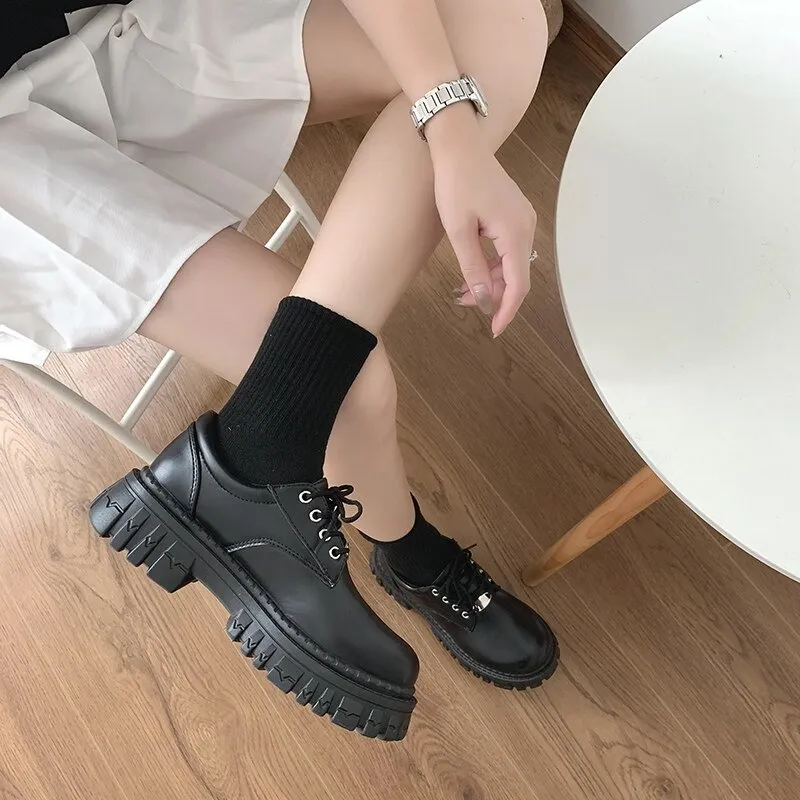 Classic Black Platform Oxford Boots / PU Leather Shoes with Square Heels and Round Toe