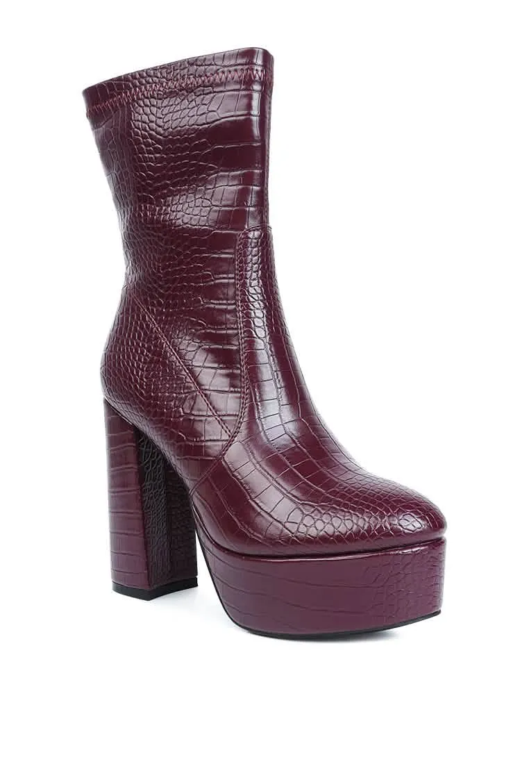 Croc-Patterned Chic Pointed Toe High Heel Ankle Boots