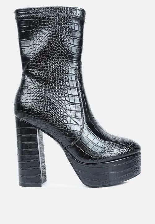 Croc-Patterned Chic Pointed Toe High Heel Ankle Boots