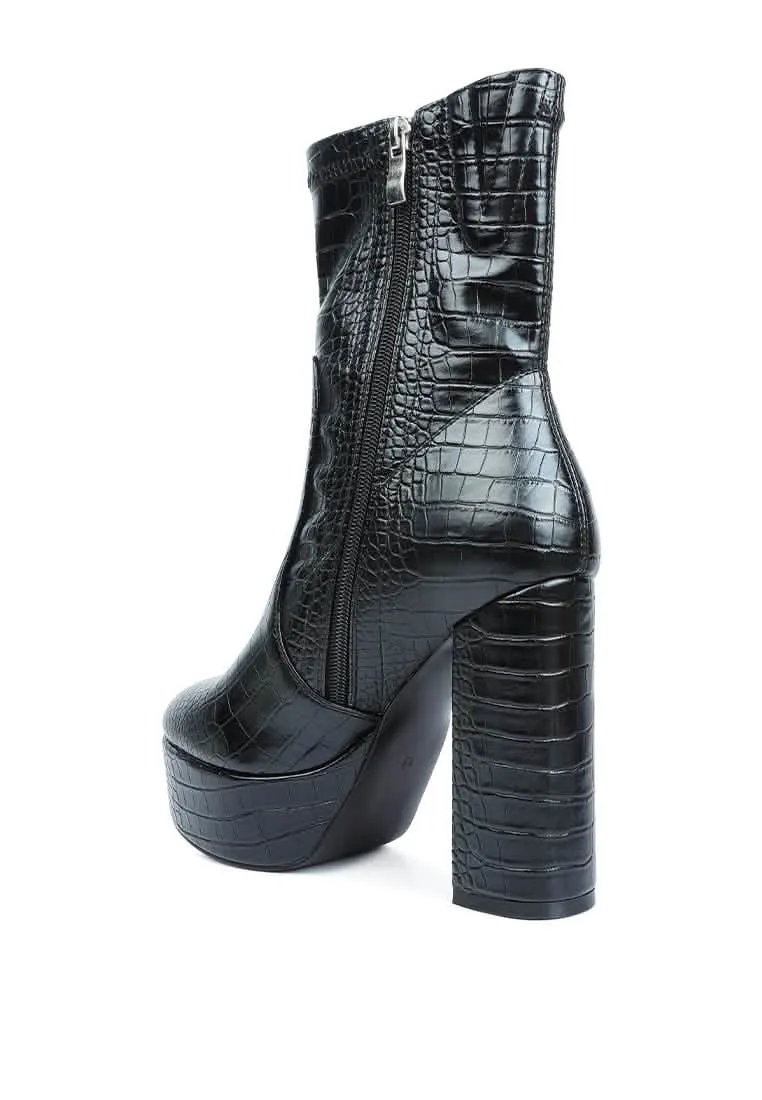Croc-Patterned Chic Pointed Toe High Heel Ankle Boots