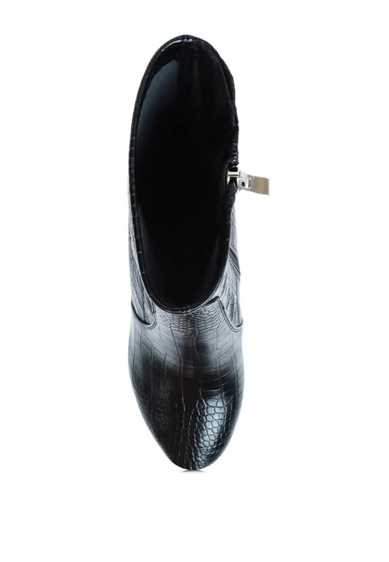 Croc-Patterned Chic Pointed Toe High Heel Ankle Boots