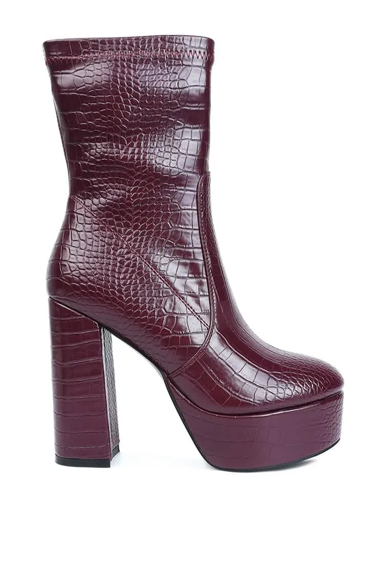 Croc-Patterned Chic Pointed Toe High Heel Ankle Boots