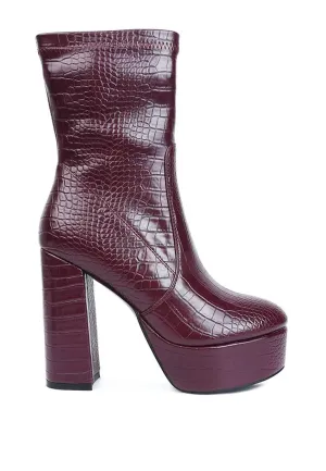Croc-Patterned Chic Pointed Toe High Heel Ankle Boots