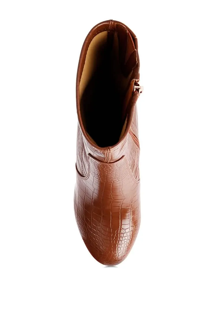 Croc-Patterned Chic Pointed Toe High Heel Ankle Boots