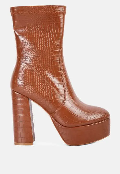 Croc-Patterned Chic Pointed Toe High Heel Ankle Boots