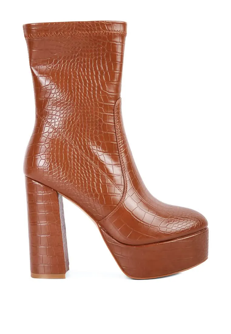 Croc-Patterned Chic Pointed Toe High Heel Ankle Boots