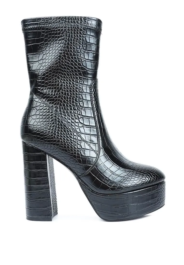Croc-Patterned Chic Pointed Toe High Heel Ankle Boots