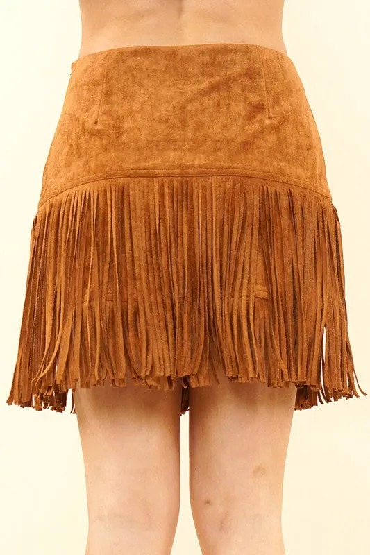 Fringe With Benefits Camel Suede Mini Skirt (Size Small)