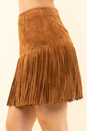 Fringe With Benefits Camel Suede Mini Skirt (Size Small)