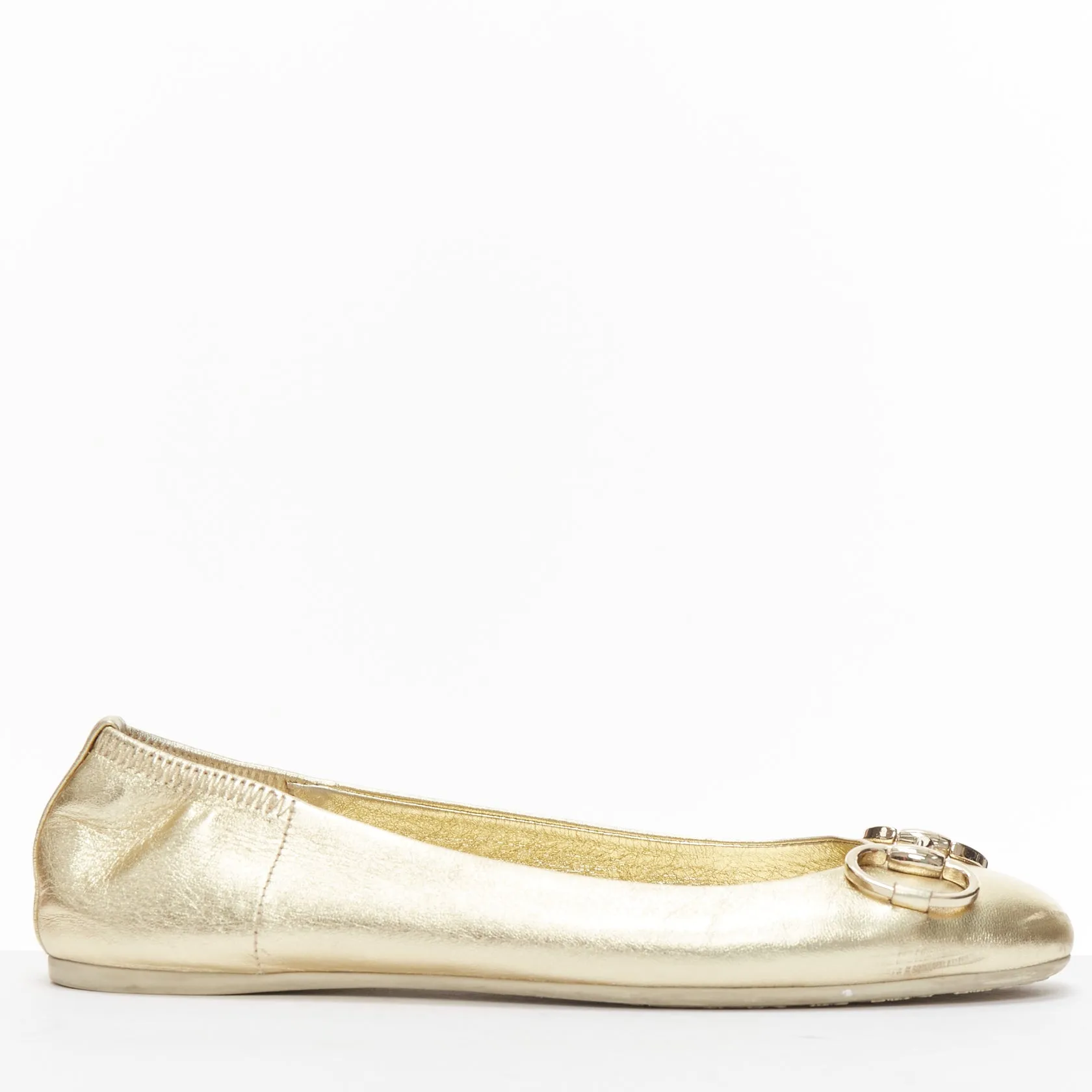 GUCCI metallic light gold Horsebit buckle round toe ballerina flats EU36