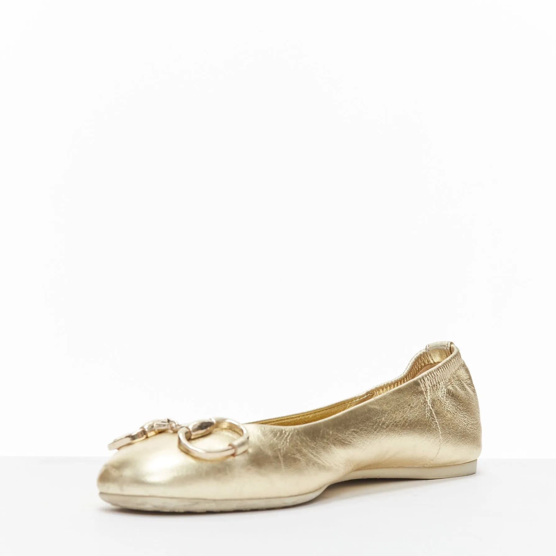 GUCCI metallic light gold Horsebit buckle round toe ballerina flats EU36