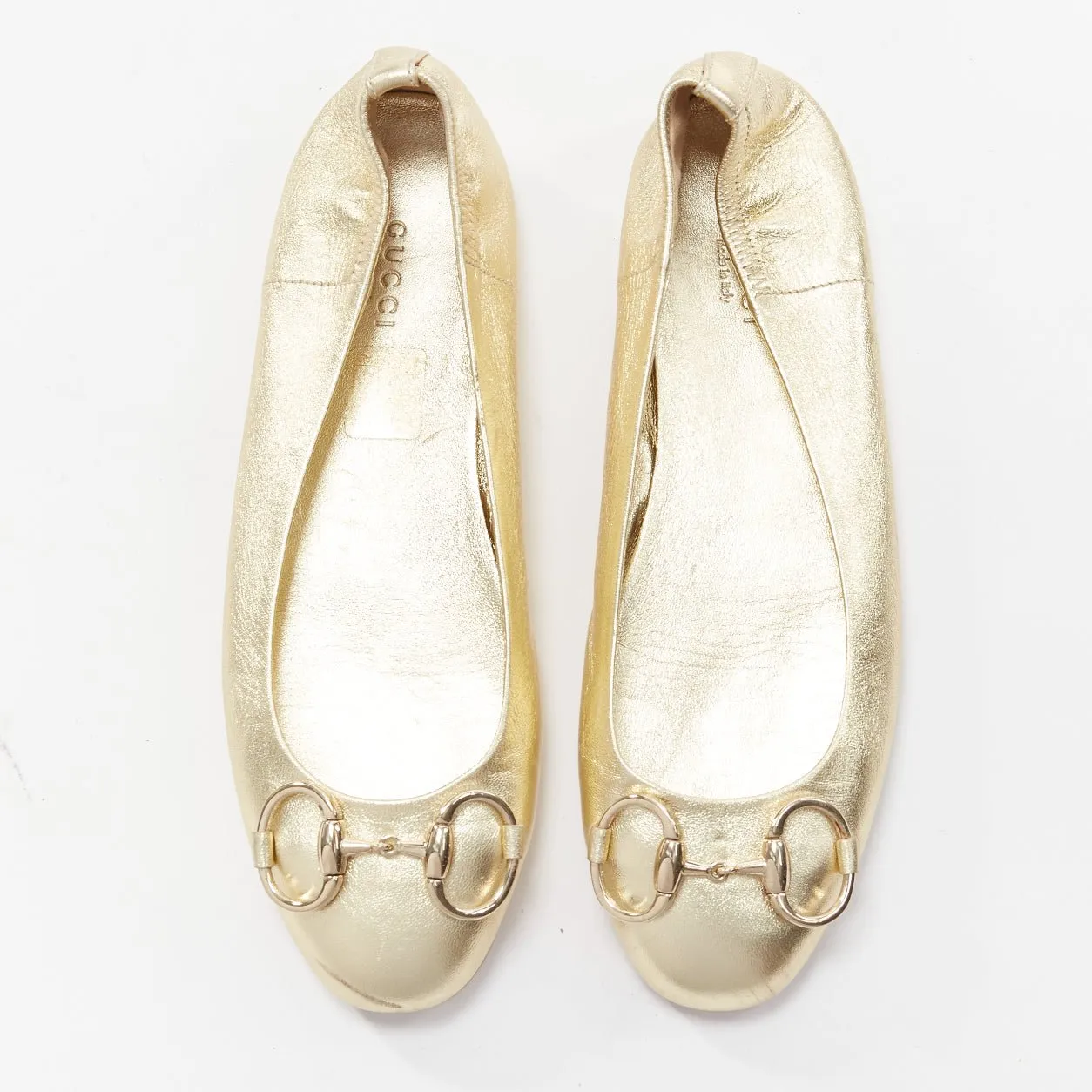 GUCCI metallic light gold Horsebit buckle round toe ballerina flats EU36