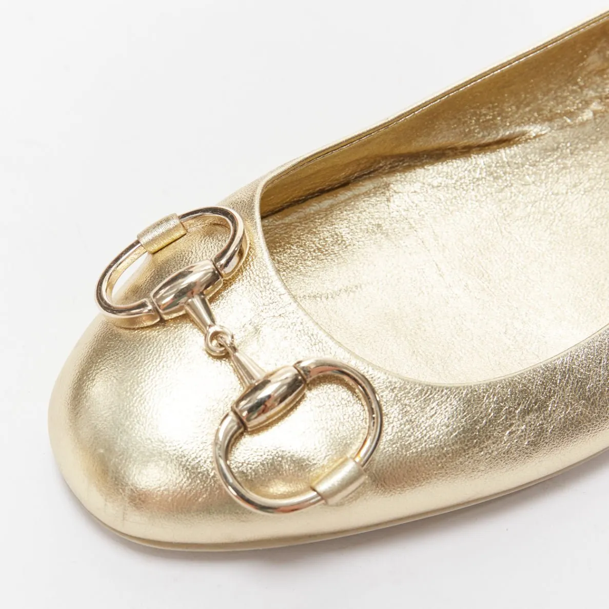 GUCCI metallic light gold Horsebit buckle round toe ballerina flats EU36