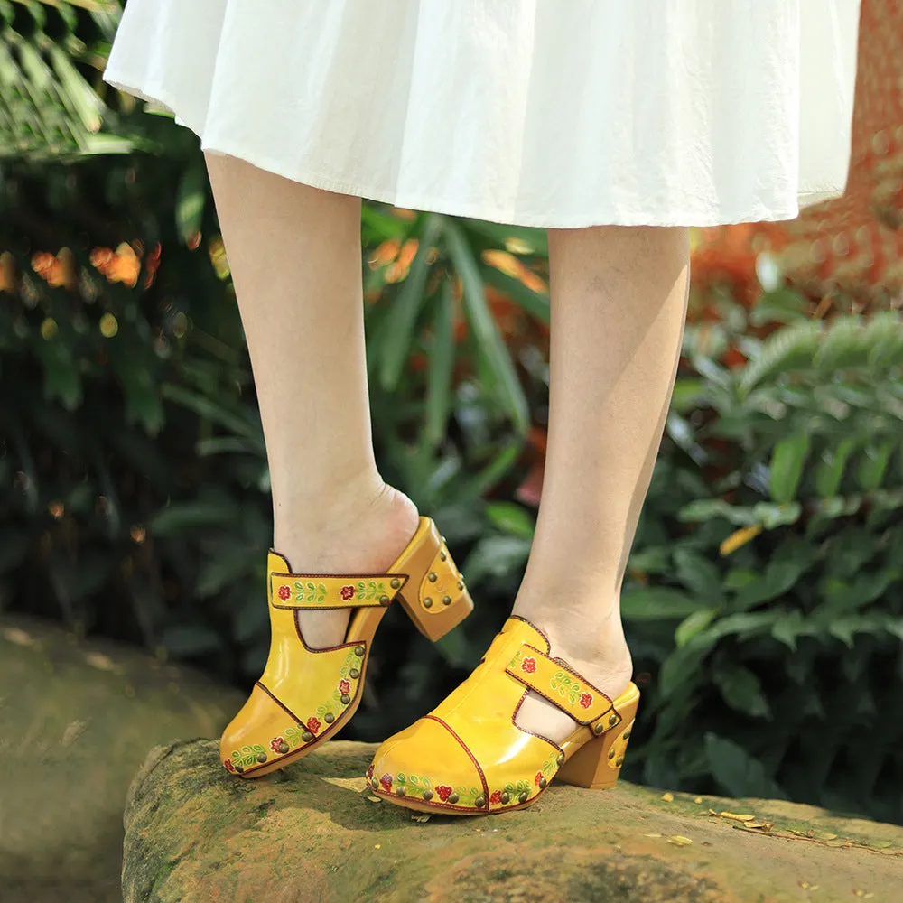 Leather Hand-polished Retro Flower Bag Head Comfortable Thick Heel Sandals