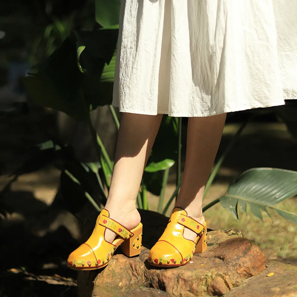 Leather Hand-polished Retro Flower Bag Head Comfortable Thick Heel Sandals