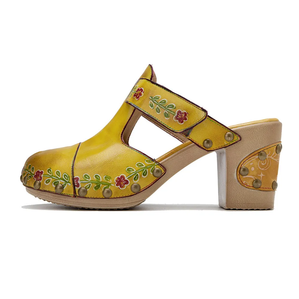 Leather Hand-polished Retro Flower Bag Head Comfortable Thick Heel Sandals