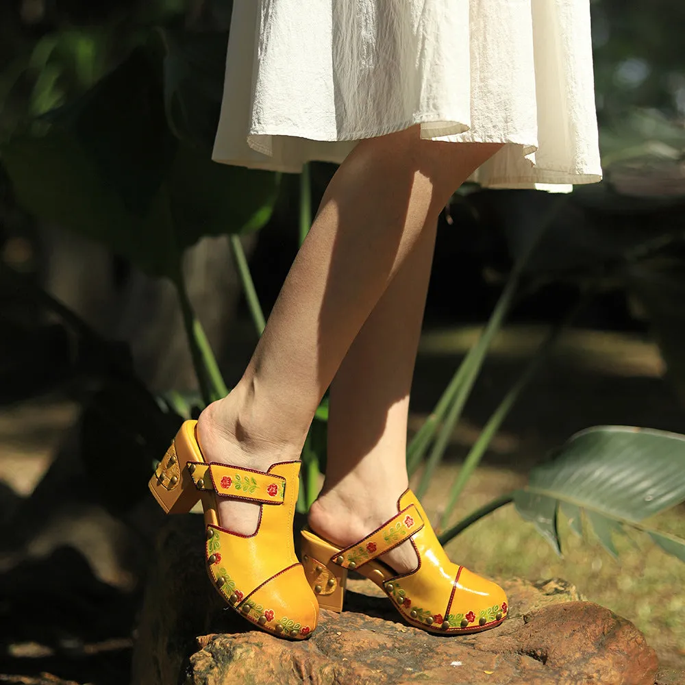 Leather Hand-polished Retro Flower Bag Head Comfortable Thick Heel Sandals