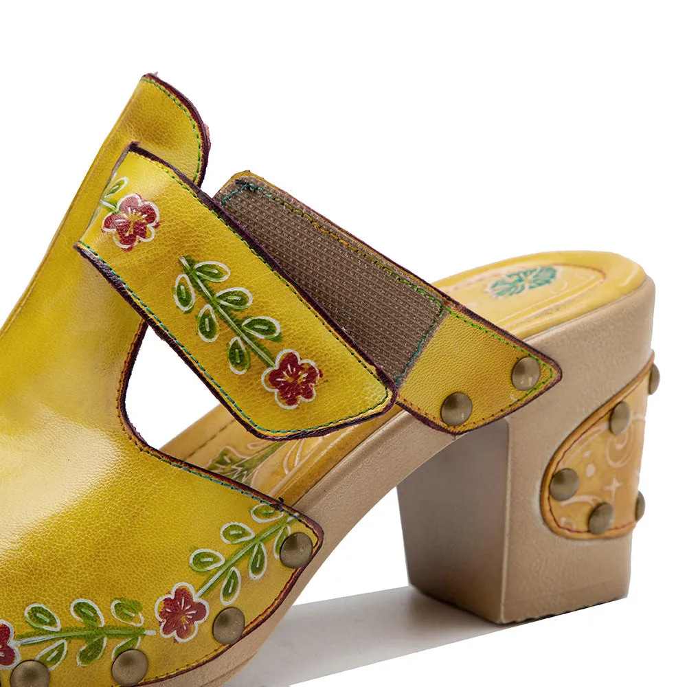 Leather Hand-polished Retro Flower Bag Head Comfortable Thick Heel Sandals