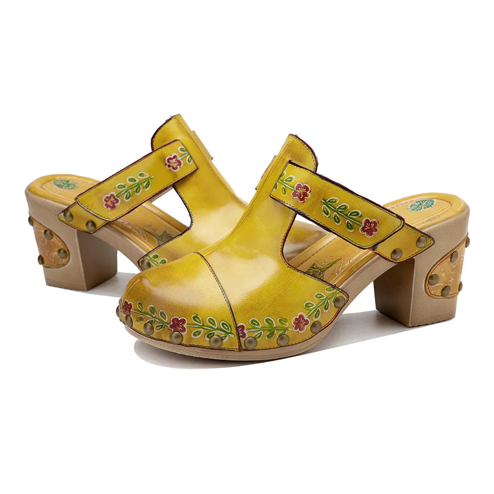 Leather Hand-polished Retro Flower Bag Head Comfortable Thick Heel Sandals