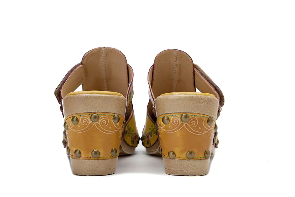 Leather Hand-polished Retro Flower Bag Head Comfortable Thick Heel Sandals